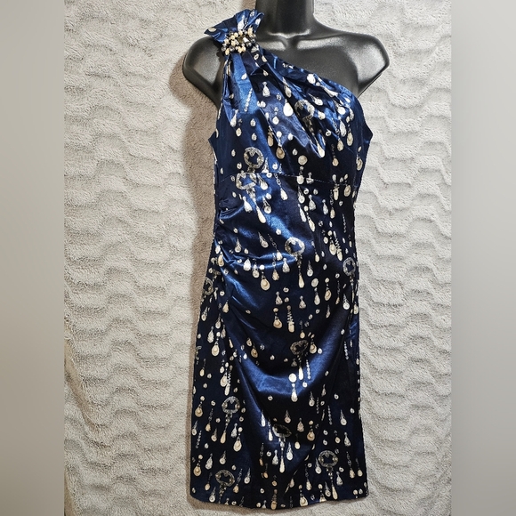 David Meister Blue Pearl Satin One Shoulder Sheath Cocktail Dress Jewel Print 6 - Picture 3 of 15